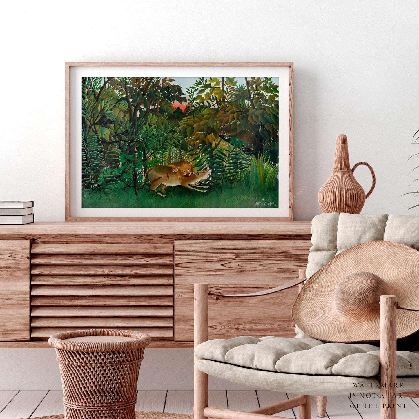 Home Poster Decor Single Henri Rousseau Print, The hungry attack, Jungle Art, Exotic figures, Tropical Leaves Print, Gift Idea, Famous Painting, Green Nature Poster