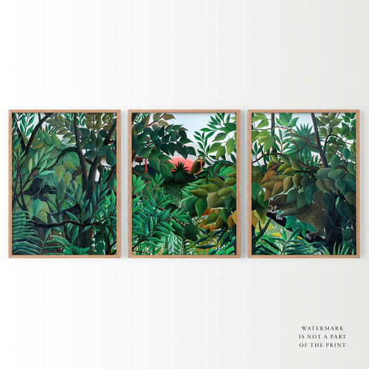 Home Poster Decor Set of 3 Henri Rousseau, Set of 3 Green, Tropical Forest, Above Sofa Art, Equatorial Jungle, Nature Art, Above Bed, Gallery Wall, Leaves Print