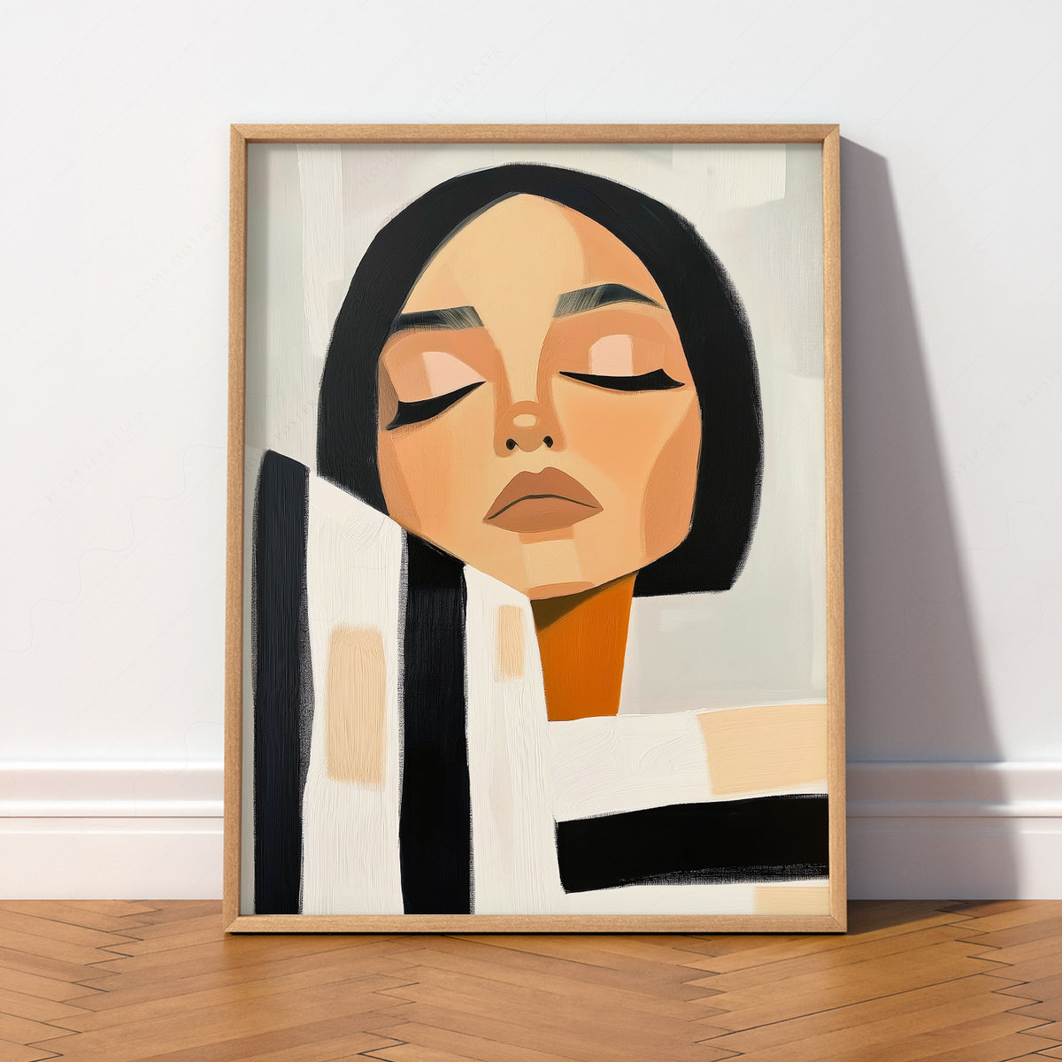 Minimalist Woman Portrait Print – Modern Black White Striped Wall Art – 64-09 — artwork preview 2