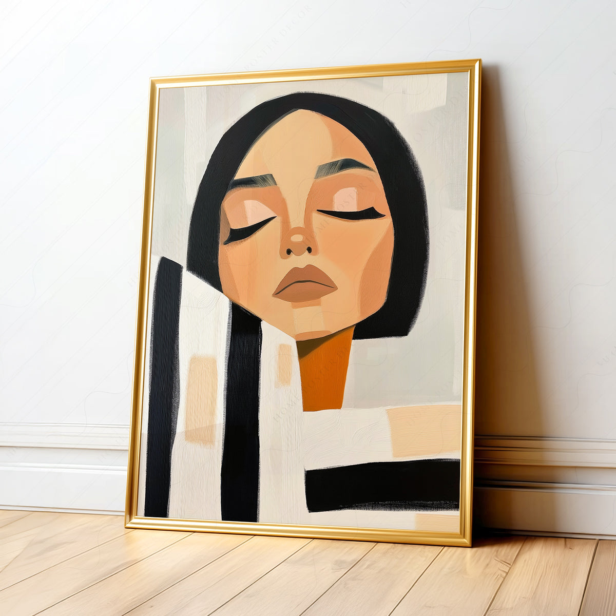 Minimalist Woman Portrait Print – Modern Black White Striped Wall Art – 64-09 — artwork preview 1