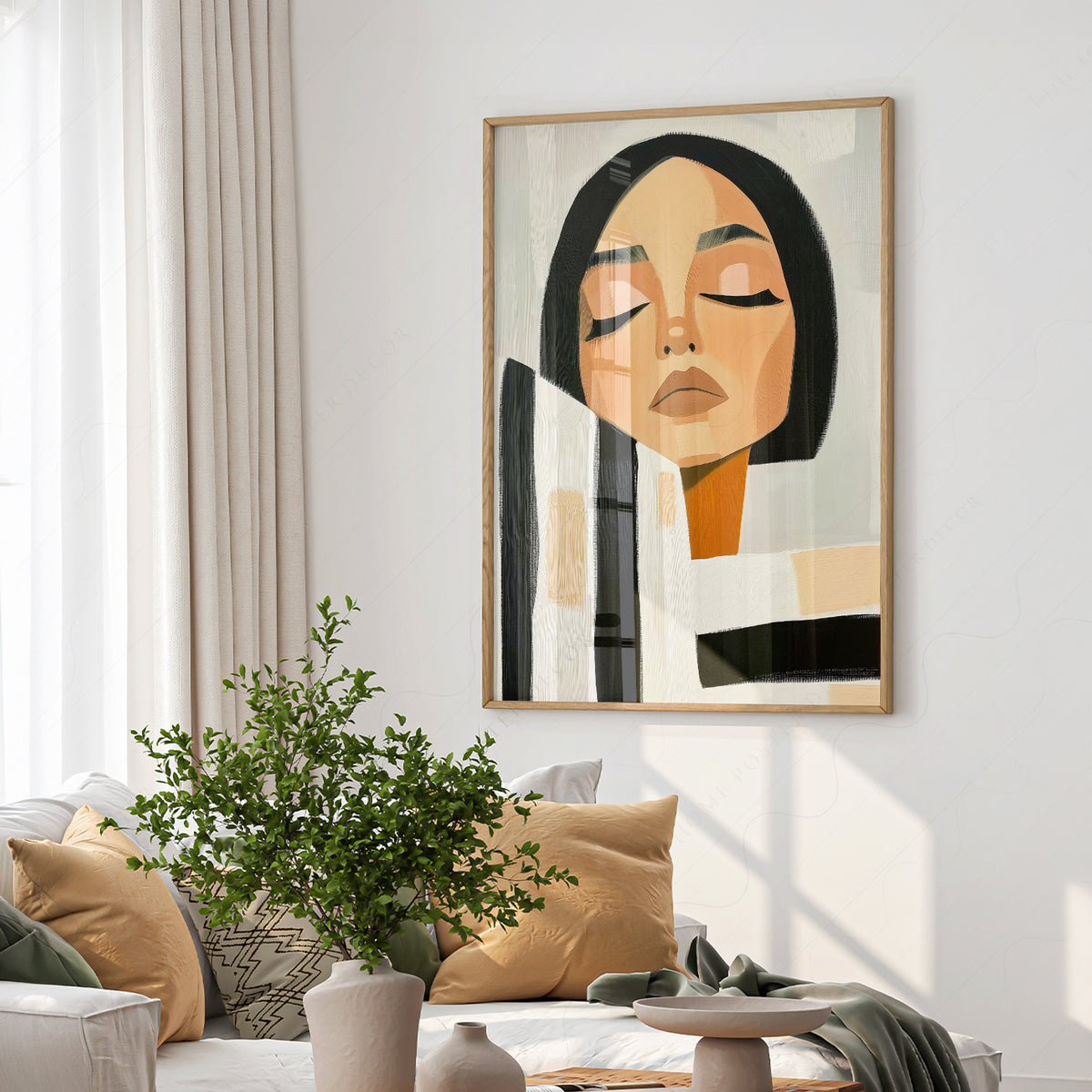 Minimalist Woman Portrait Print – Modern Black White Striped Wall Art – 64-09 — artwork preview 6