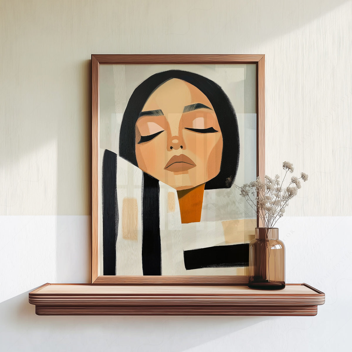 Minimalist Woman Portrait Print – Modern Black White Striped Wall Art – 64-09 — artwork preview 18