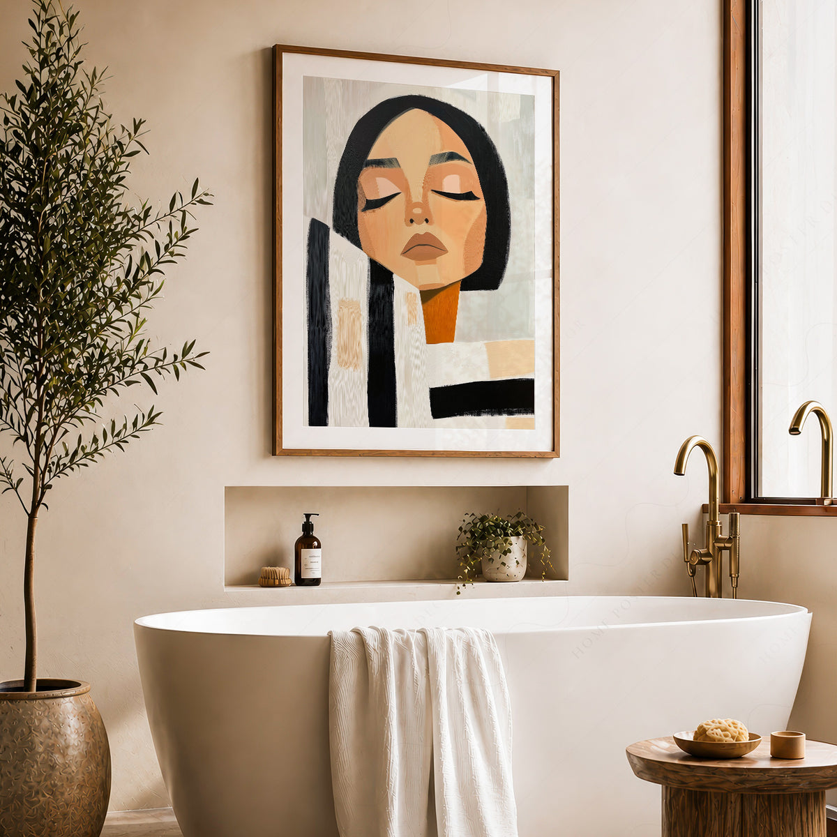 Minimalist Woman Portrait Print – Modern Black White Striped Wall Art – 64-09 — artwork preview 22