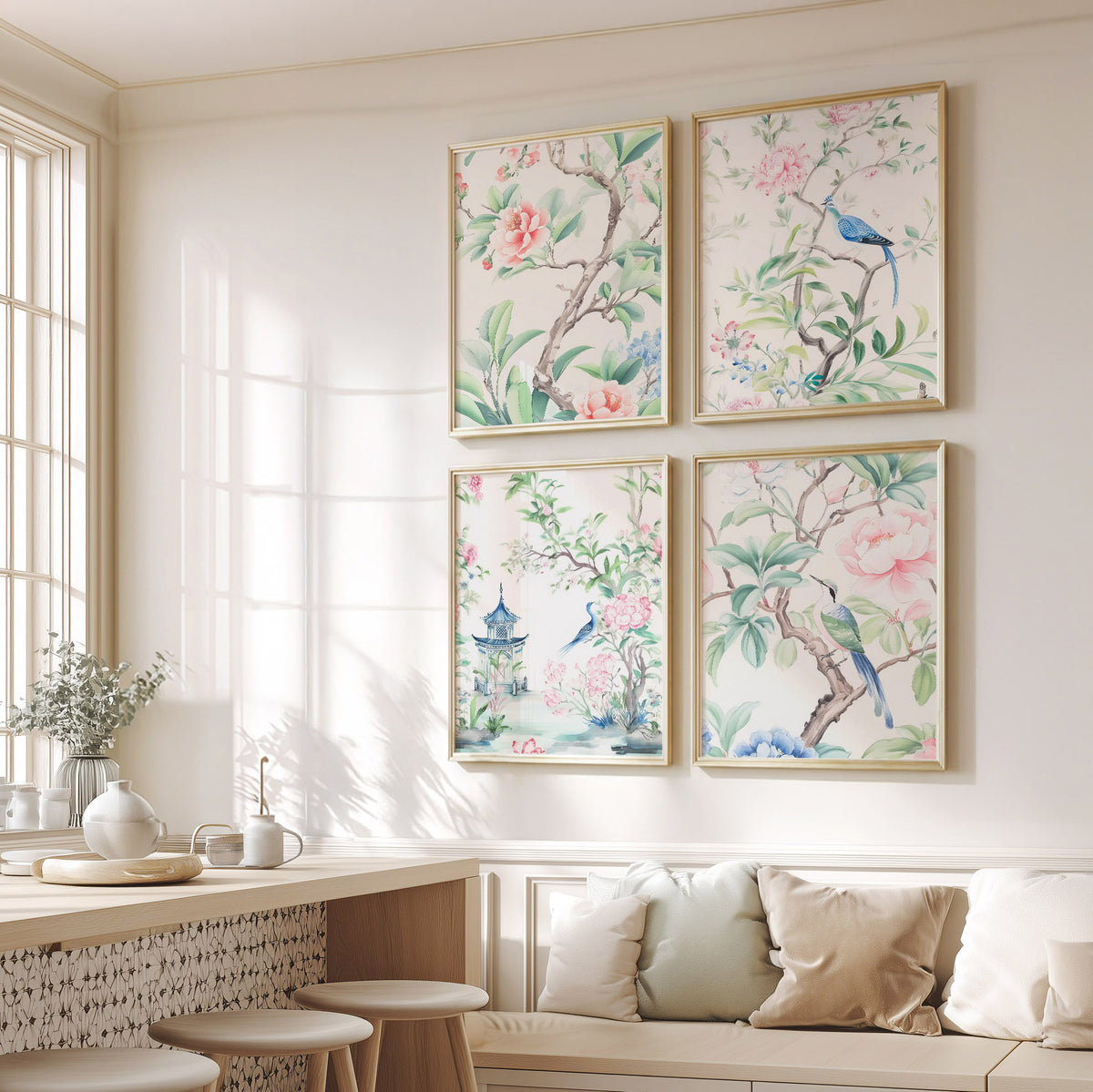 Chinoiserie Bird & Peony Art Print Set of 4 – Elegant Garden Wall Decor – 55-09 — artwork preview 1