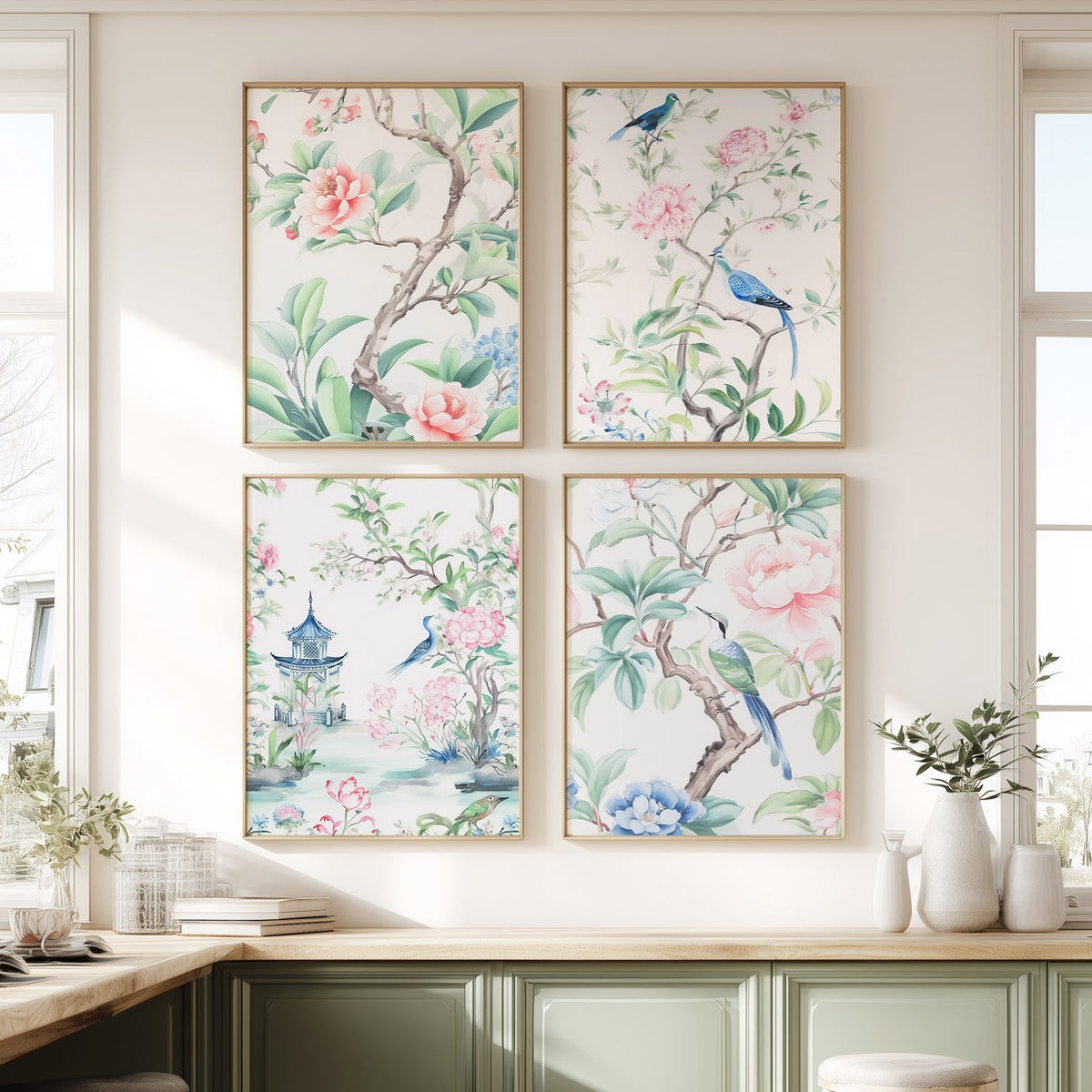 Chinoiserie Bird & Peony Art Print Set of 4 – Elegant Garden Wall Decor – 55-09 — artwork preview 2