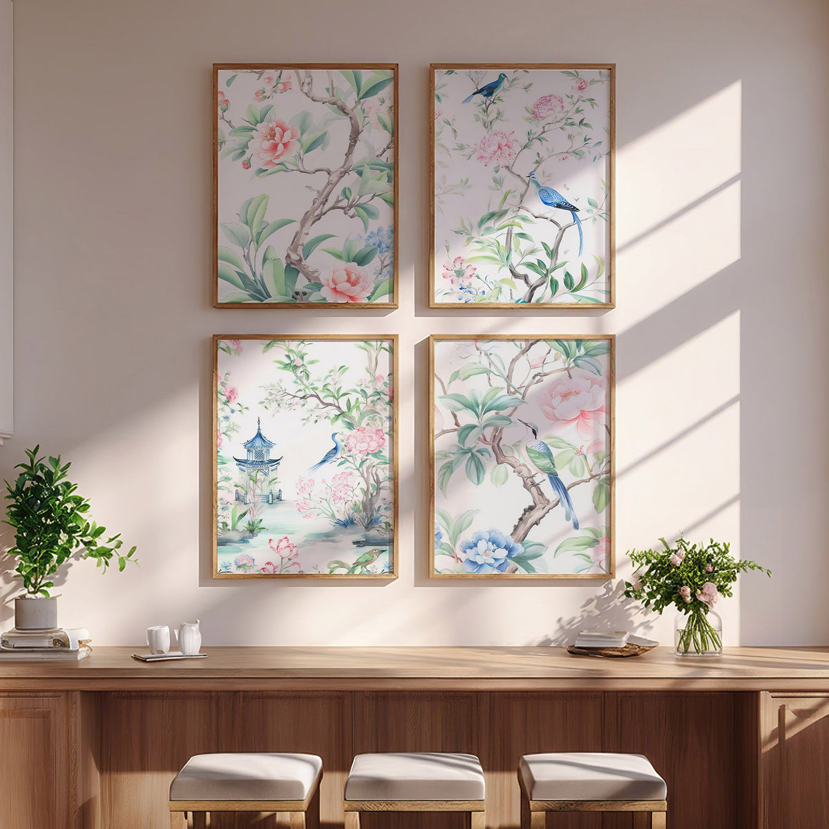 Chinoiserie Bird & Peony Art Print Set of 4 – Elegant Garden Wall Decor – 55-09 — artwork preview 4