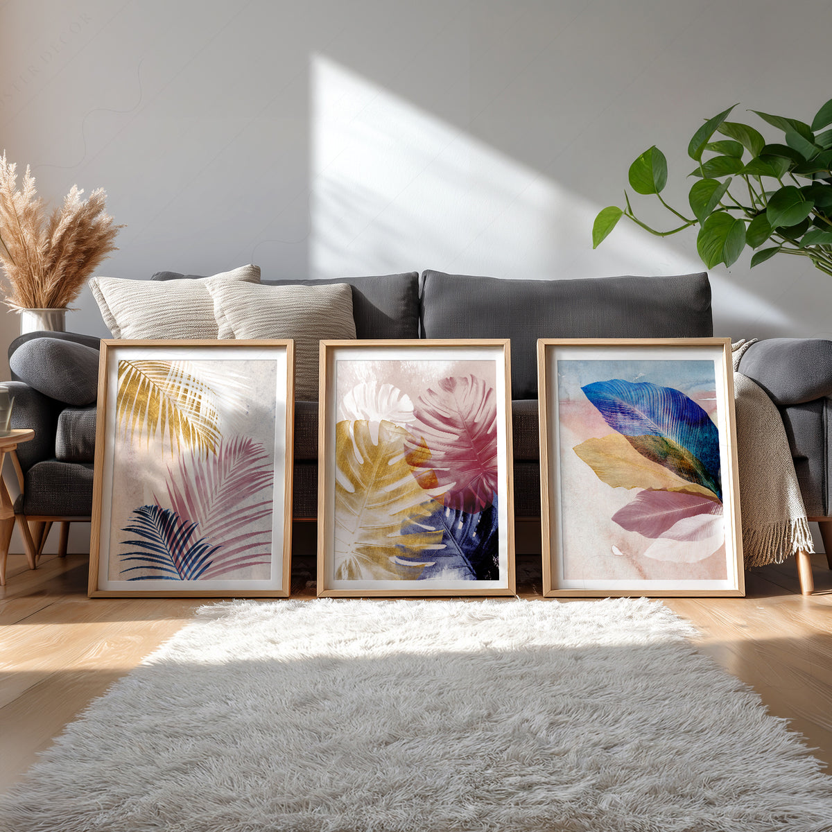 Abstract Tropical Leaf Art Print Set – Pink Blue Navy Gallery Wall Decor – 19-01 — artwork preview 4
