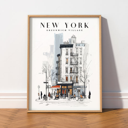 Greenwich Village New York Print – NYC Sketch Art Coffee Shop Poster — artwork preview 2