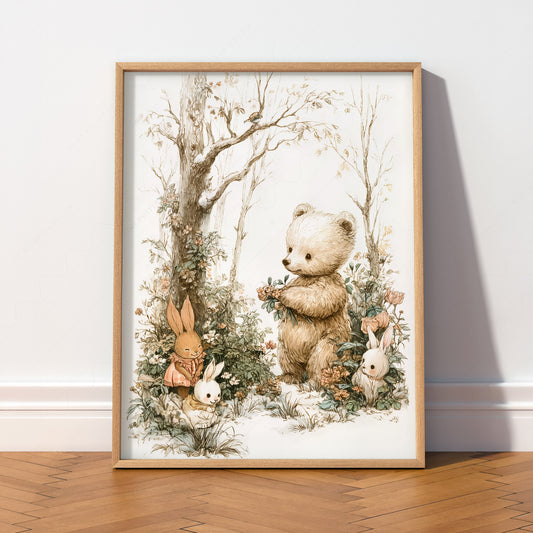 Woodland Bear and Bunnies Nursery Art Print – Neutral Baby Room Decor – 70-05 — artwork preview 2