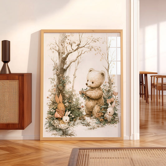 Woodland Bear and Bunnies Nursery Art Print – Neutral Baby Room Decor – 70-05 — artwork preview 5