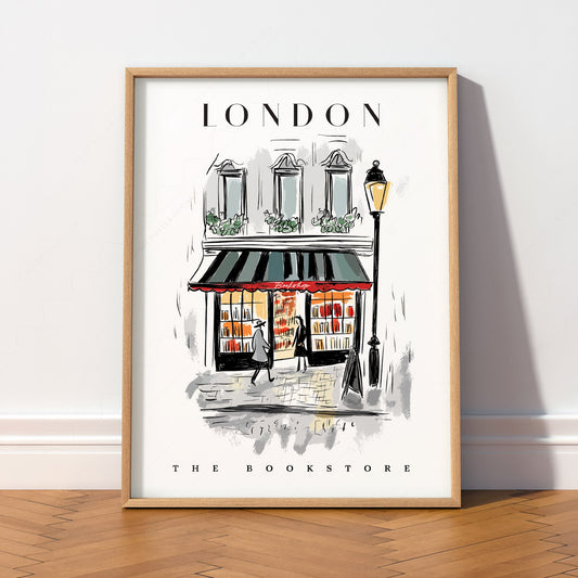 London Bookstore Illustration Print – Charming Bookshop Wall Art Poster — artwork preview 2
