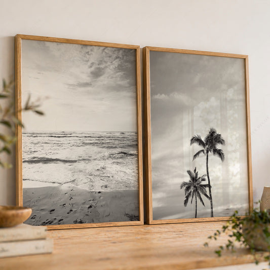 Black and White Beach Photography Set of 2 – Coastal Palm Tree Wall Art – 08 — artwork preview 8