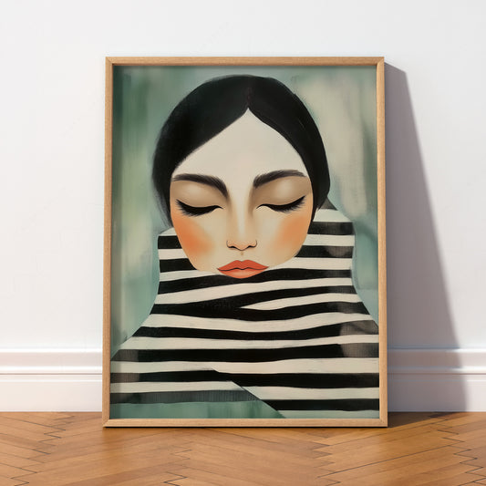 Woman Portrait Art Print – Modern Minimalist Black White Stripe Wall Art – 64-08 — artwork preview 2