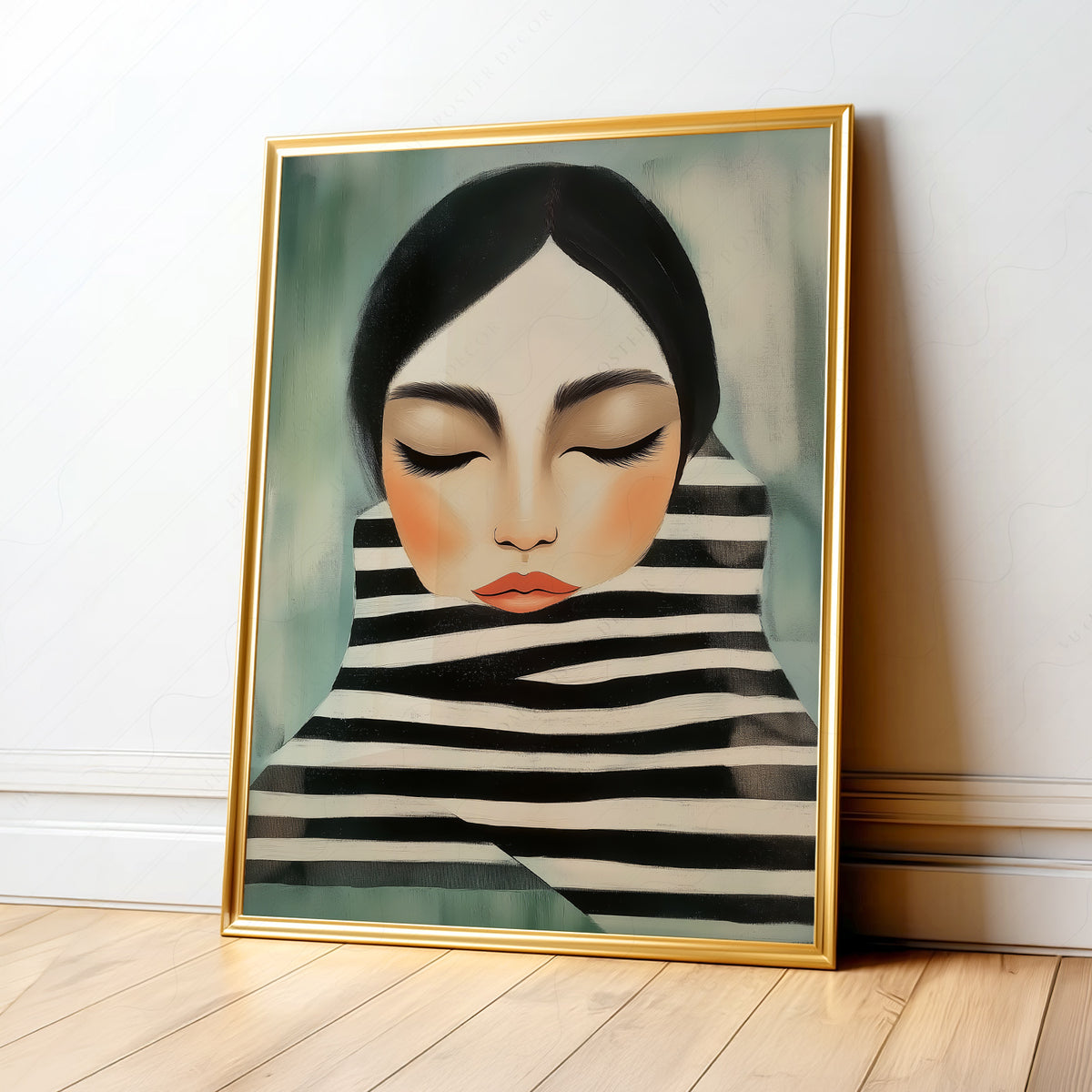 Woman Portrait Art Print – Modern Minimalist Black White Stripe Wall Art – 64-08 — artwork preview 1