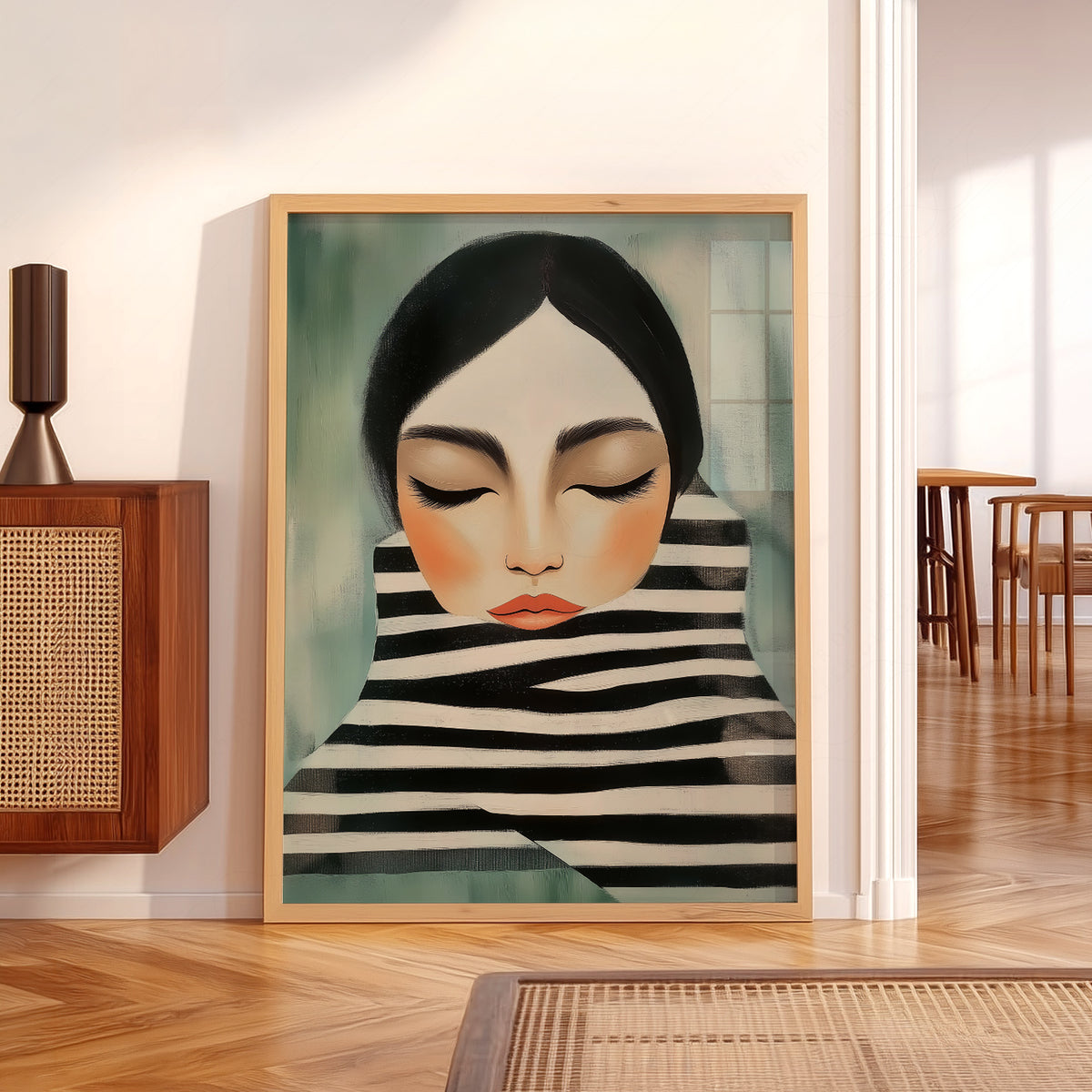 Woman Portrait Art Print – Modern Minimalist Black White Stripe Wall Art – 64-08 — artwork preview 5