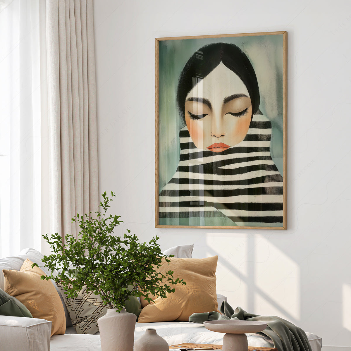 Woman Portrait Art Print – Modern Minimalist Black White Stripe Wall Art – 64-08 — artwork preview 6