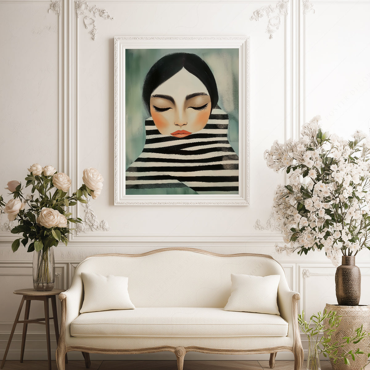 Woman Portrait Art Print – Modern Minimalist Black White Stripe Wall Art – 64-08 — artwork preview 17