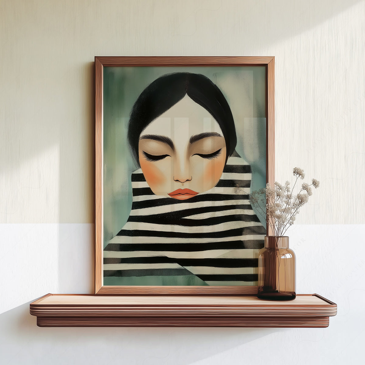 Woman Portrait Art Print – Modern Minimalist Black White Stripe Wall Art – 64-08 — artwork preview 18