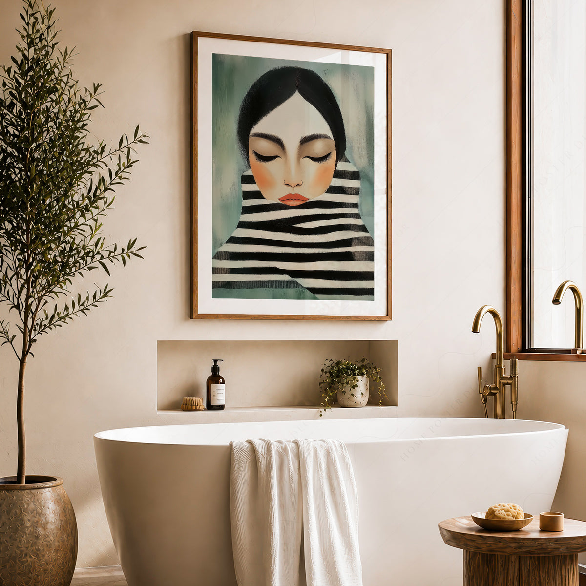 Woman Portrait Art Print – Modern Minimalist Black White Stripe Wall Art – 64-08 — artwork preview 22