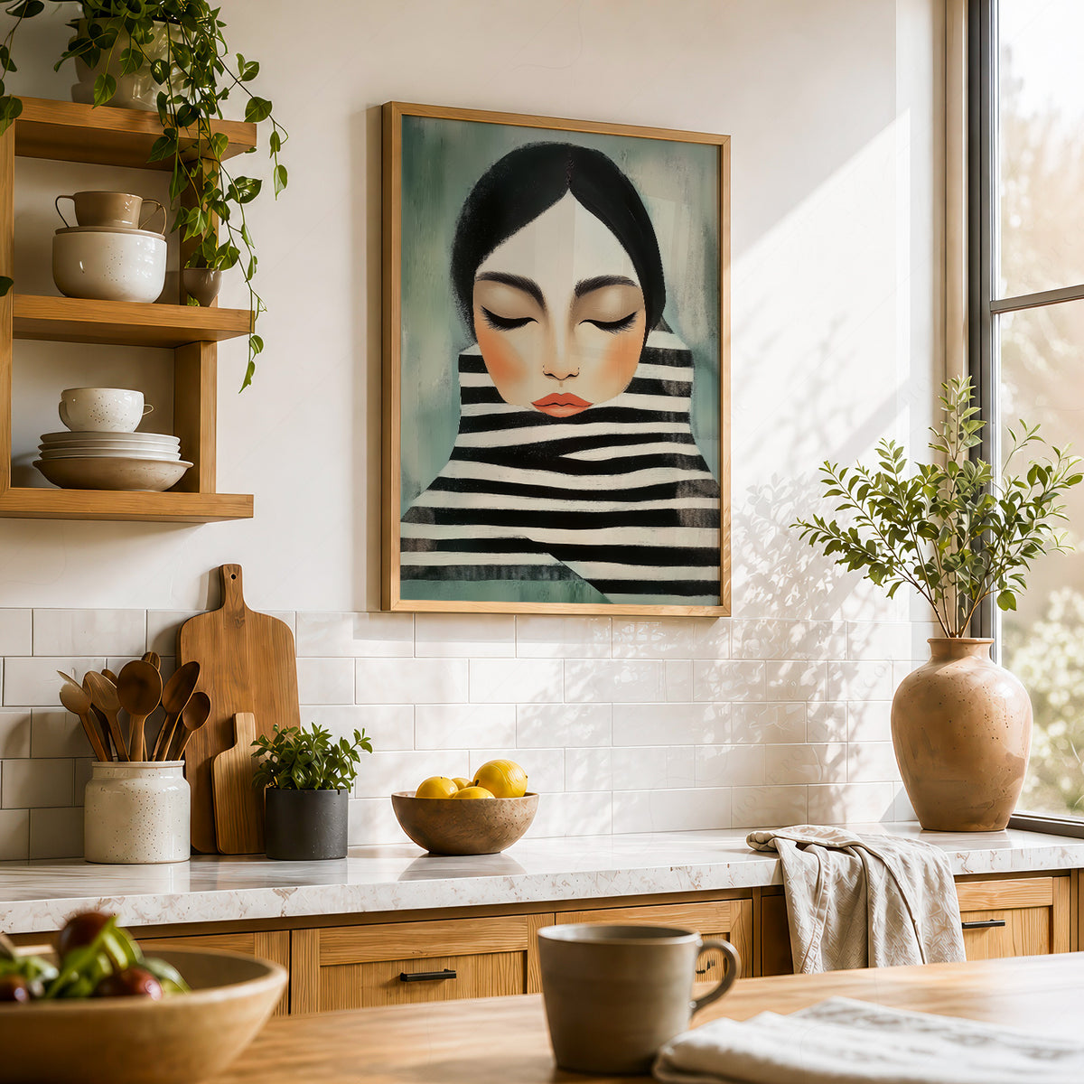 Woman Portrait Art Print – Modern Minimalist Black White Stripe Wall Art – 64-08 — artwork preview 23