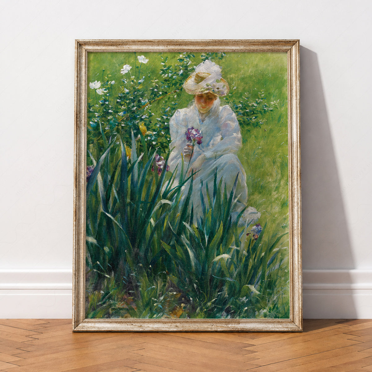 Woman in an Iris Garden Art Print – Vintage Floral Wall Art – 00-04 — artwork preview 2