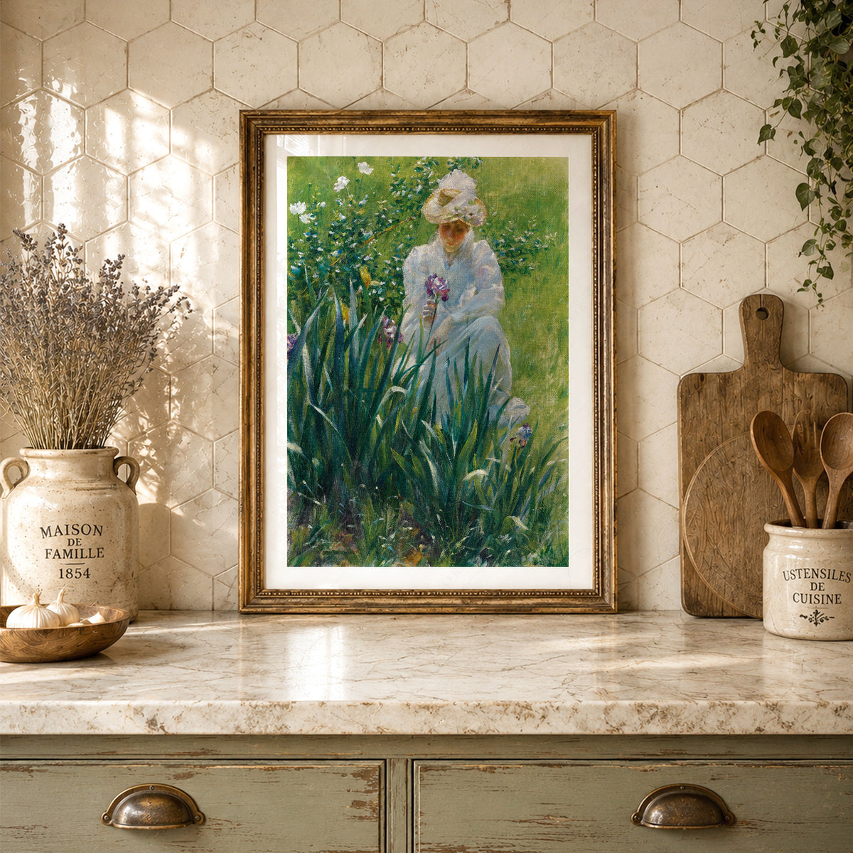Woman in an Iris Garden Art Print – Vintage Floral Wall Art – 00-04 — artwork preview 24