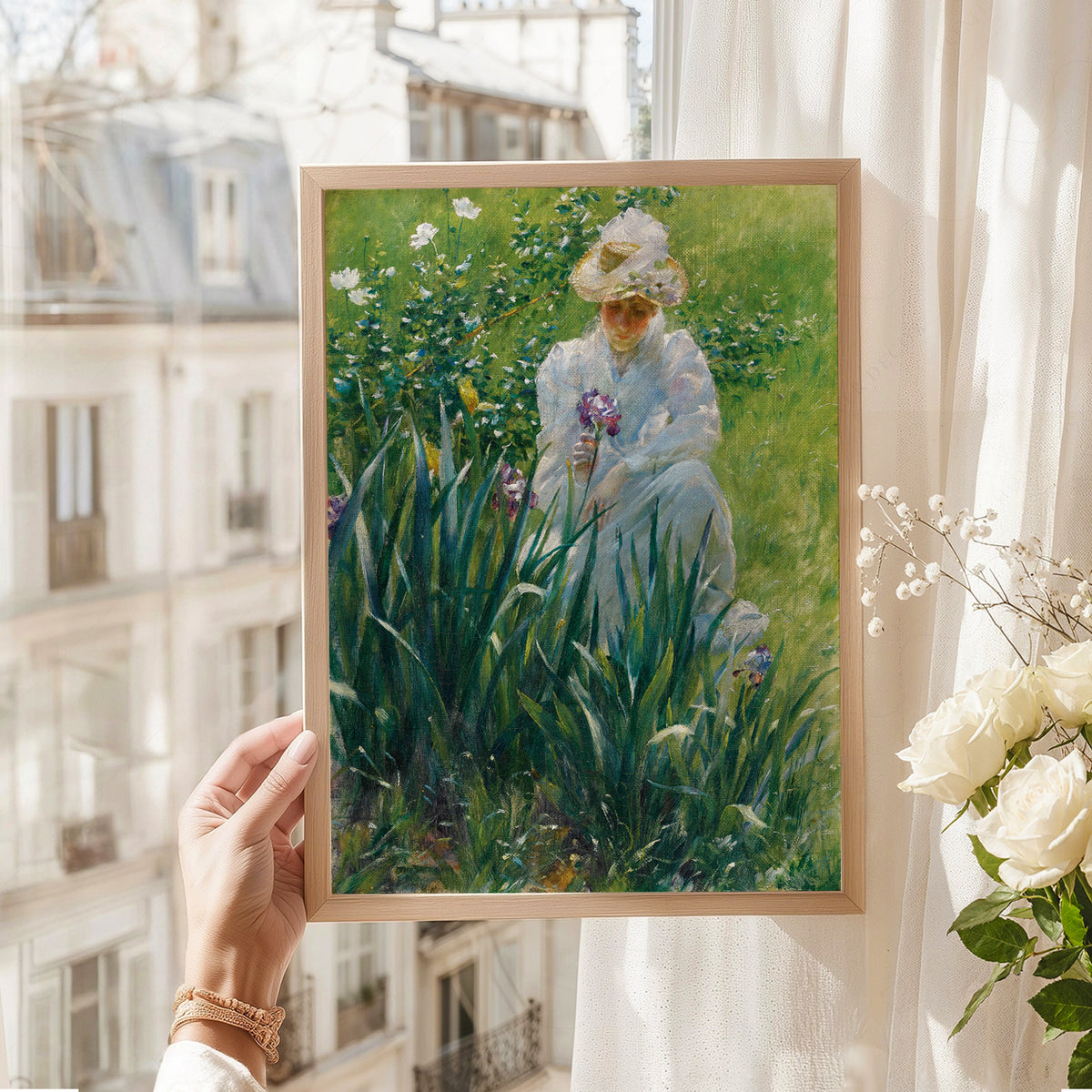 Woman in an Iris Garden Art Print – Vintage Floral Wall Art – 00-04 — artwork preview 8