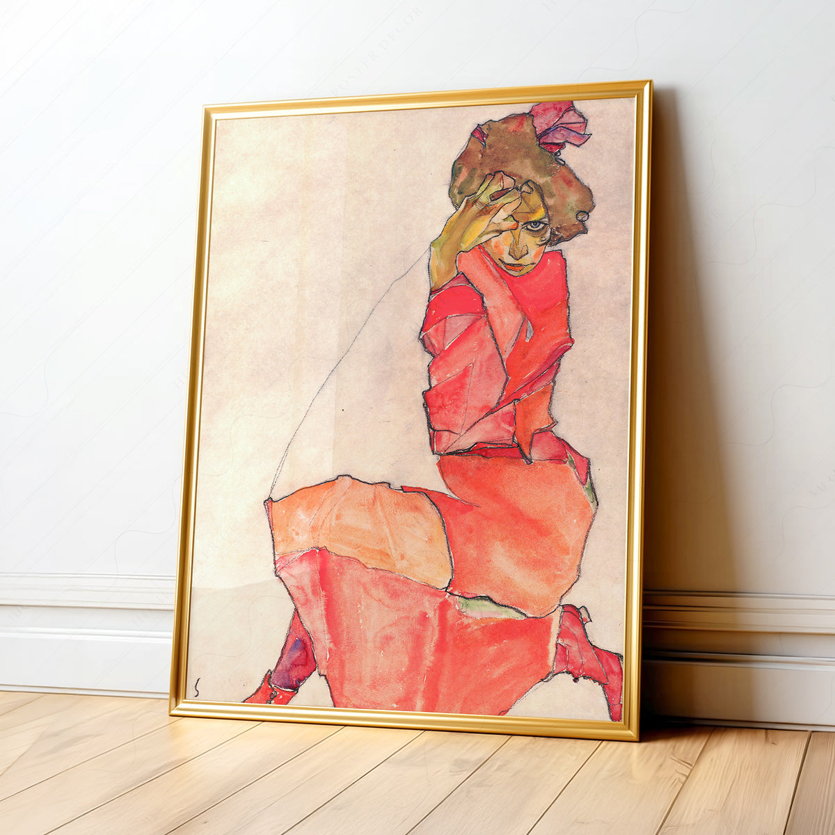 Egon Schiele Kneeling Woman in an Orange-Red Dress Art Print — artwork preview 1