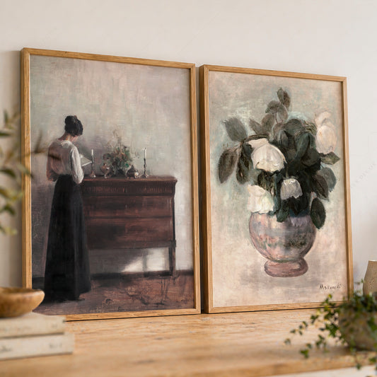 Vintage Portrait & White Roses Set of 2 Art Prints – Classic Gallery Wall Decor – 28-01 — artwork preview 8