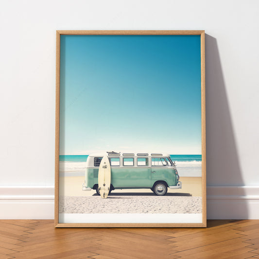 Vintage VW Bus Beach Print – Retro Surf Van Coastal Wall Art Poster – 22-07 — artwork preview 2
