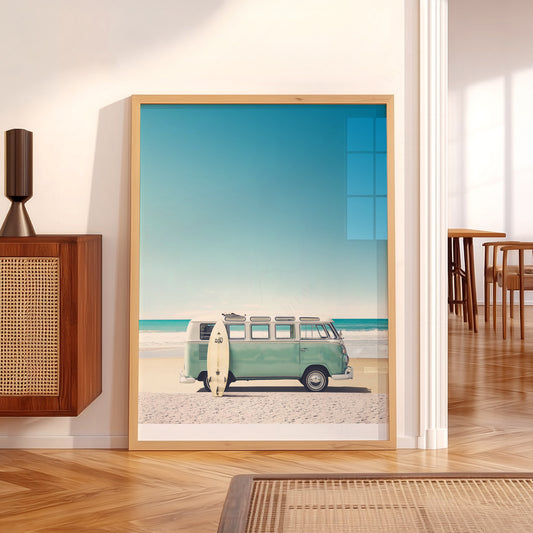 Vintage VW Bus Beach Print – Retro Surf Van Coastal Wall Art Poster – 22-07 — artwork preview 5