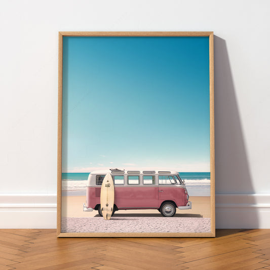 Pink VW Kombi Van Beach Print – Retro Surf Photography Wall Art Poster – 22-13 — artwork preview 2