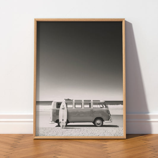 Vintage VW Kombi Van Beach Surf Print – Black White Coastal Wall Art – 22-00 — artwork preview 2