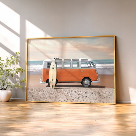 Vintage Orange VW Van Beach Photography Print – Coastal Surf Wall Art – 22-16 — artwork preview 2