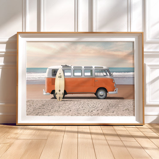 Vintage Orange VW Van Beach Photography Print – Coastal Surf Wall Art – 22-16 — artwork preview 5