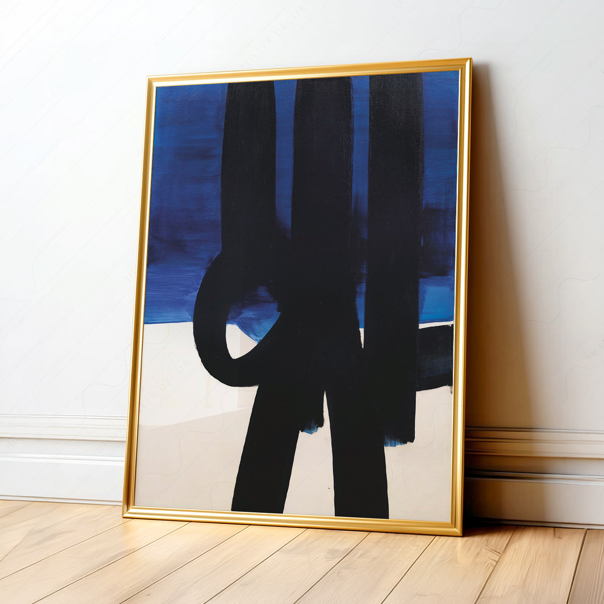 Pierre Soulages Black Brushstrokes on Blue Art Print — artwork preview 1