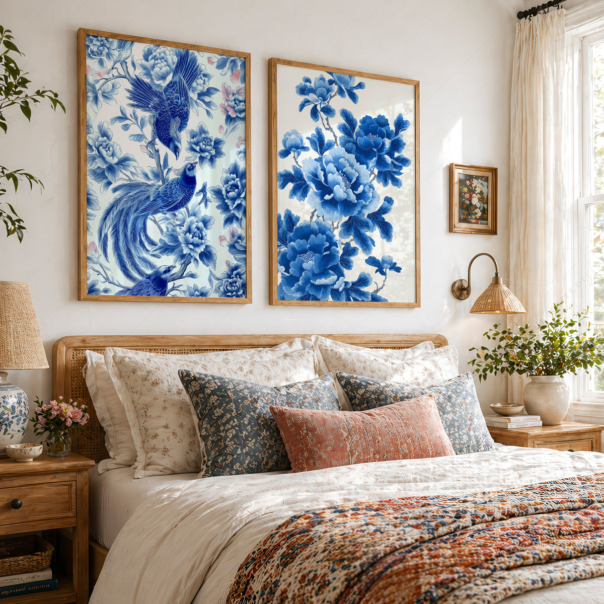 Blue Chinoiserie Bird and Floral Print Set of 2 – 55-07 — artwork preview 4