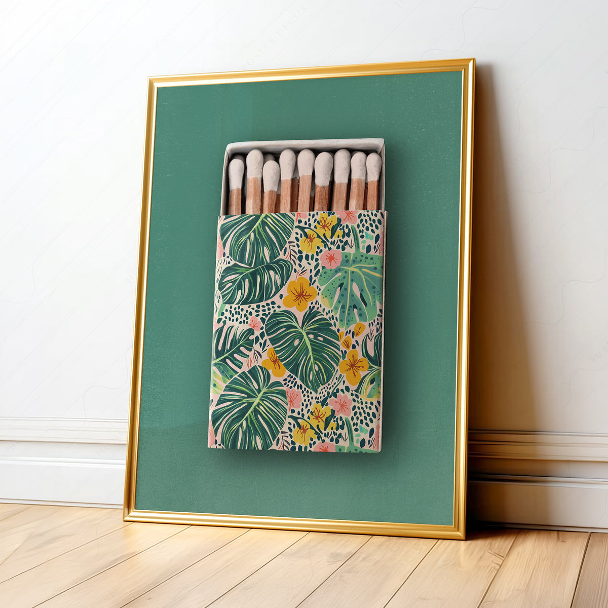 Tropical Floral Matchbox on Green Art Print — artwork preview 1