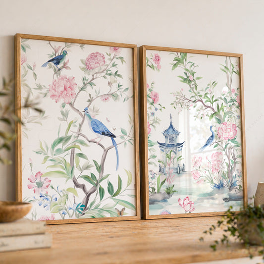 Chinoiserie Art Print Set of 2 – Vintage Bird and Floral Wall Art Posters – 55-01 — artwork preview 8