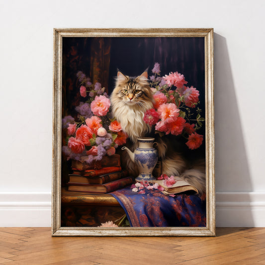 Maine Coon Cat Portrait Art Print – Dark Academia Floral Wall Decor – 38-02 — artwork preview 2