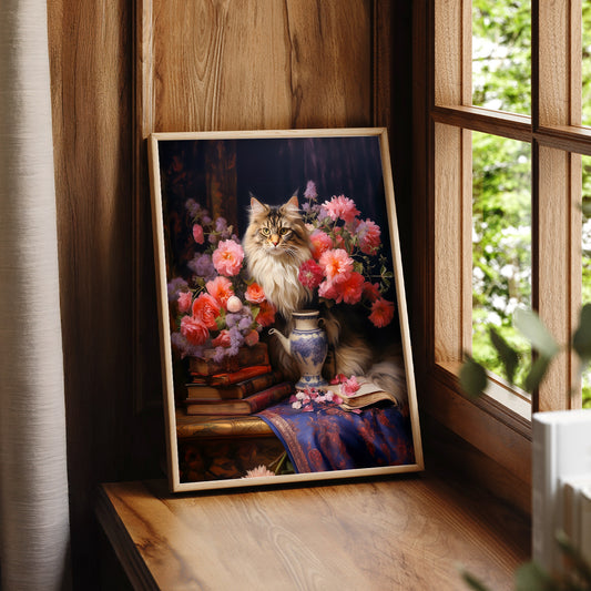 Maine Coon Cat Portrait Art Print – Dark Academia Floral Wall Decor – 38-02 — artwork preview 7