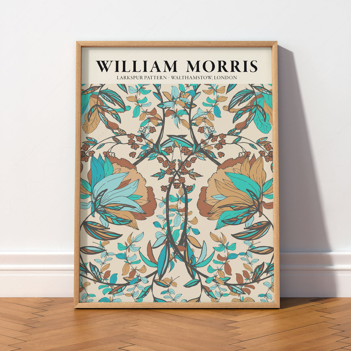William Morris Larkspur Teal and Brown Floral Pattern Art Print — artwork preview 2