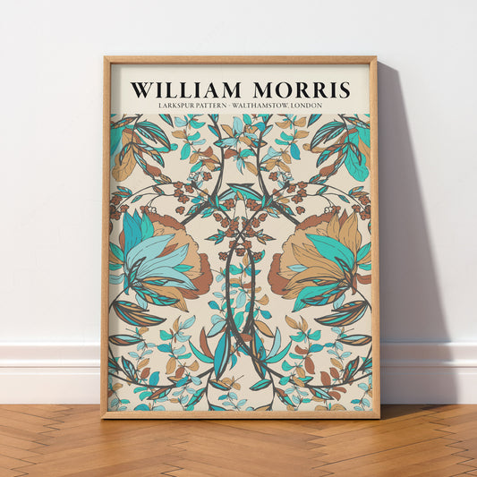 William Morris Larkspur Teal and Brown Floral Pattern Art Print — artwork preview 2