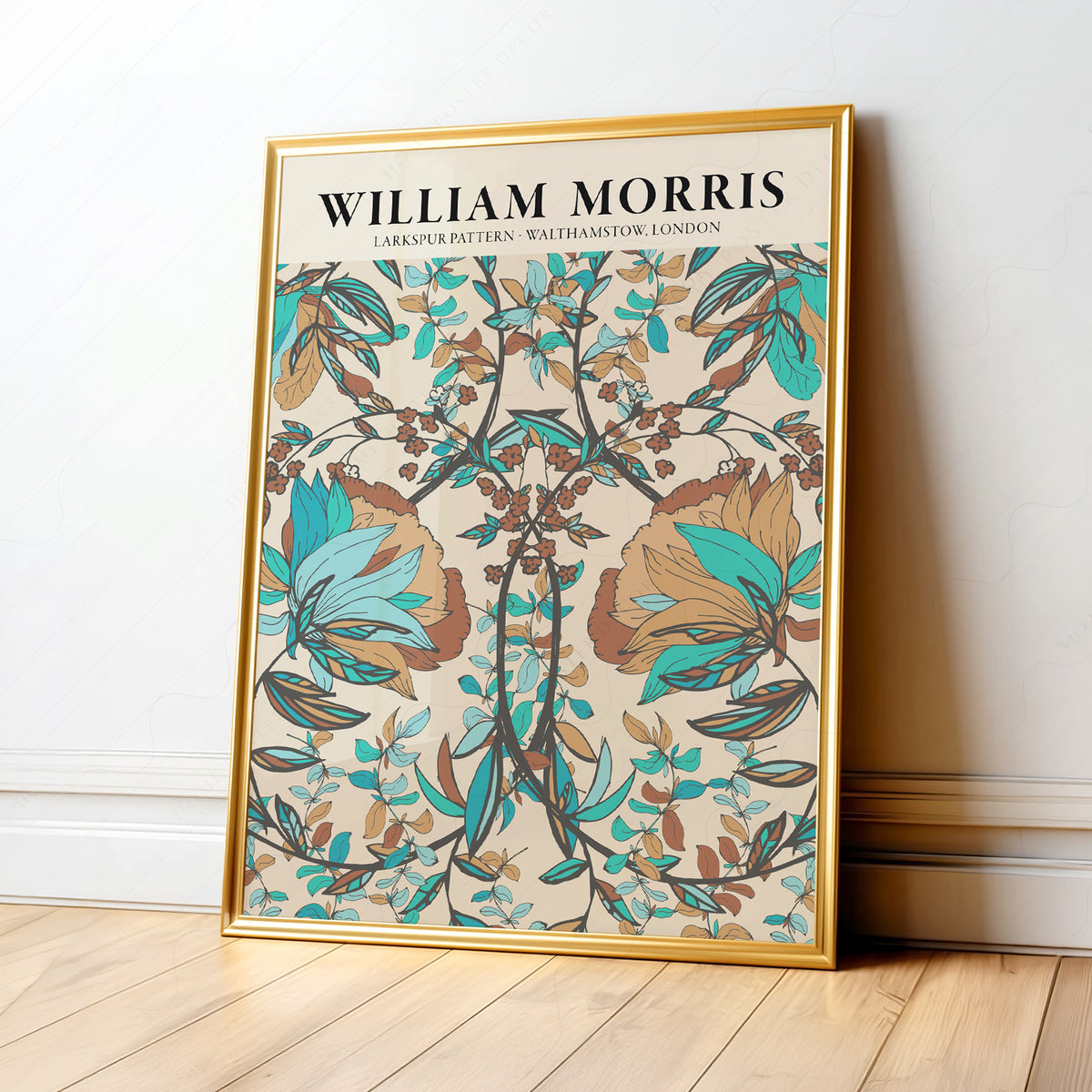 William Morris Larkspur Teal and Brown Floral Pattern Art Print — artwork preview 1