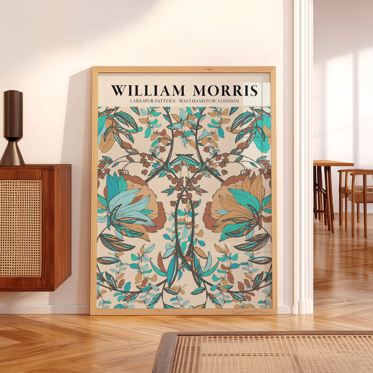 William Morris Larkspur Teal and Brown Floral Pattern Art Print — artwork preview 5