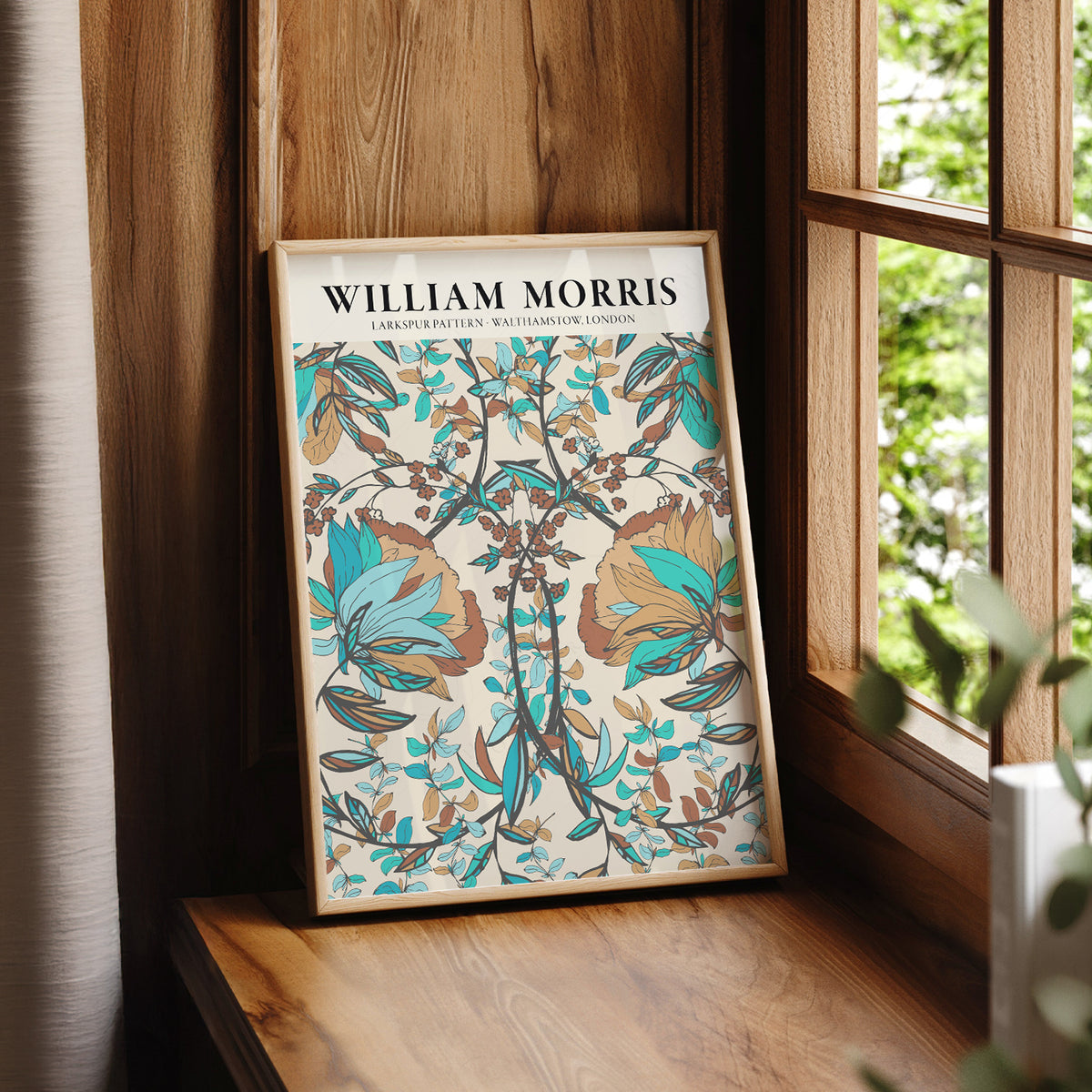 William Morris Larkspur Teal and Brown Floral Pattern Art Print — artwork preview 7