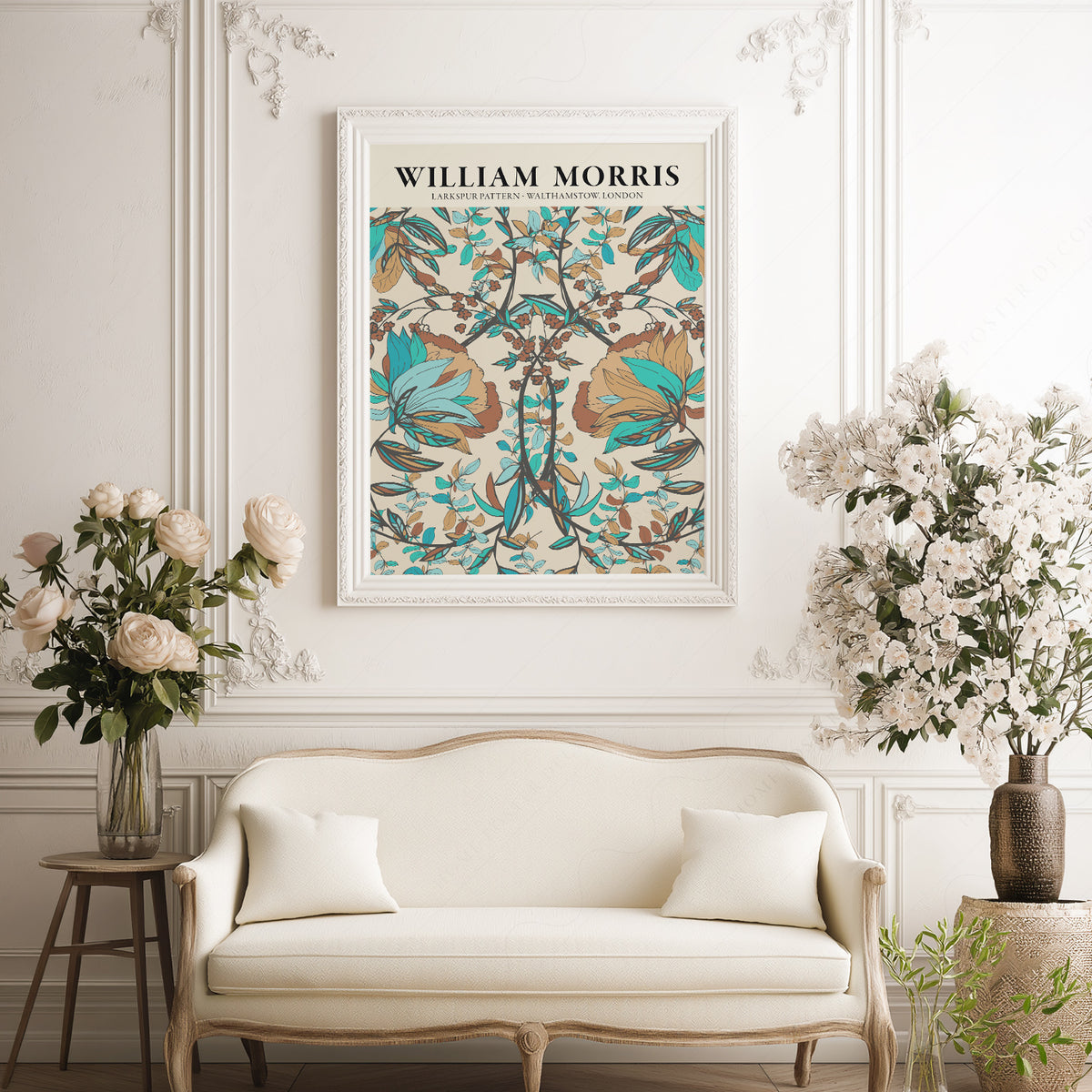William Morris Larkspur Teal and Brown Floral Pattern Art Print — artwork preview 17