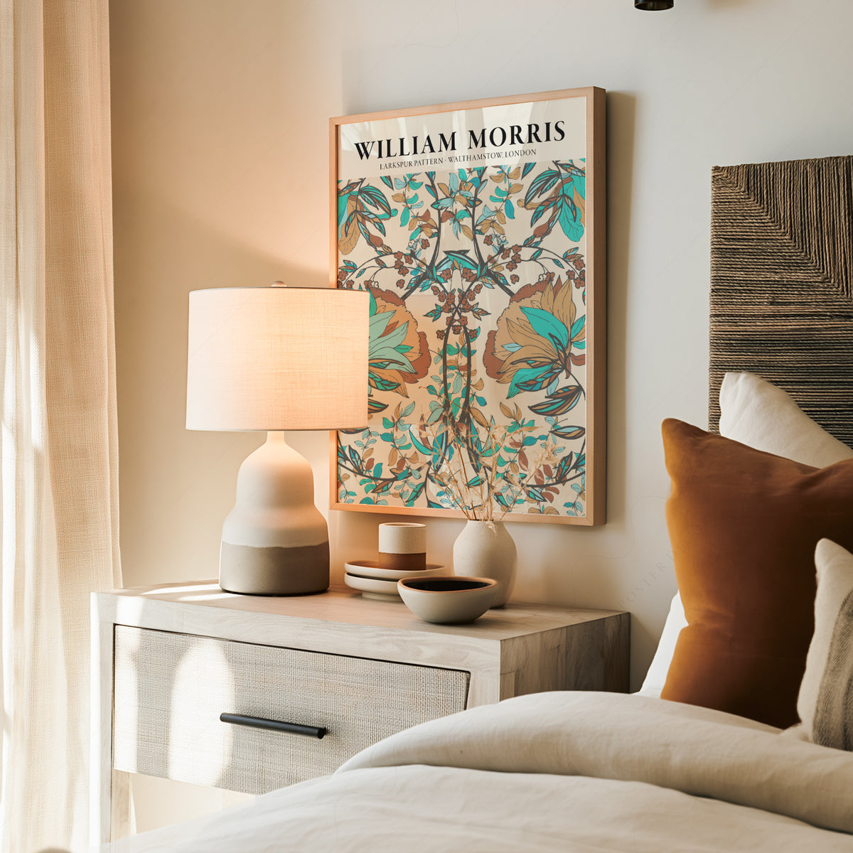William Morris Larkspur Teal and Brown Floral Pattern Art Print — artwork preview 19