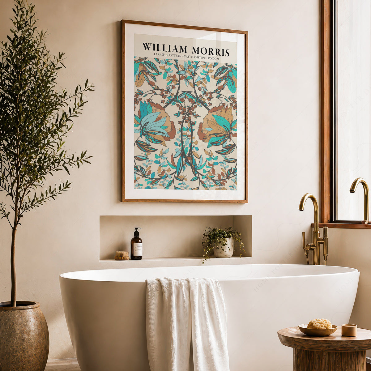 William Morris Larkspur Teal and Brown Floral Pattern Art Print — artwork preview 22