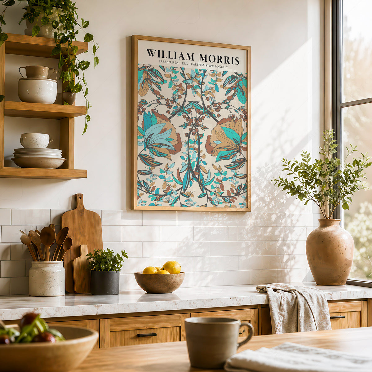 William Morris Larkspur Teal and Brown Floral Pattern Art Print — artwork preview 23